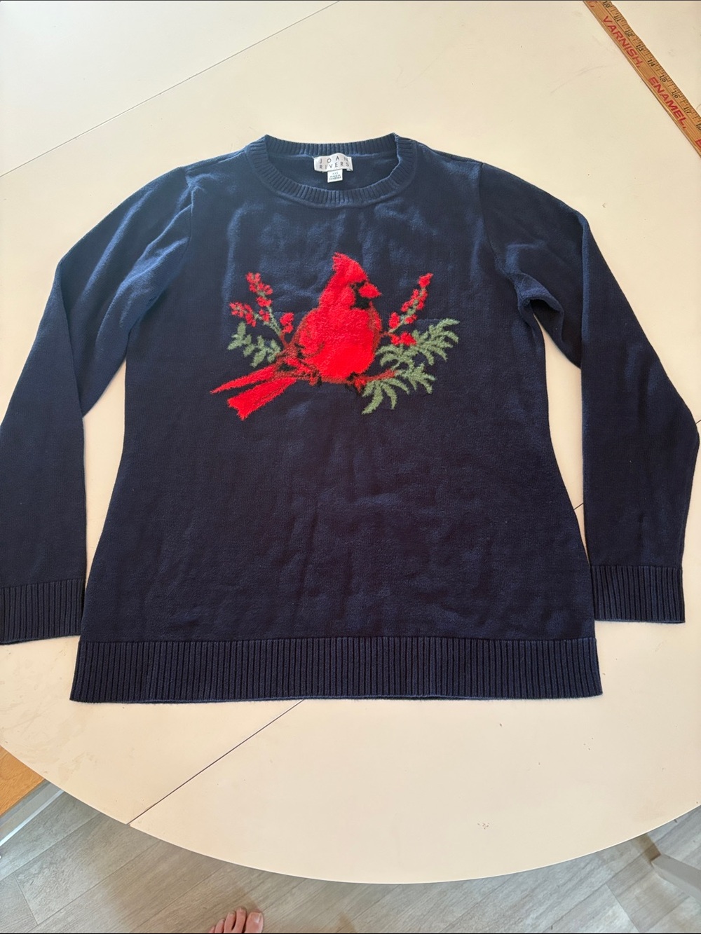 Joan Rivers Navy Crewneck Sweater with Red Cardinal